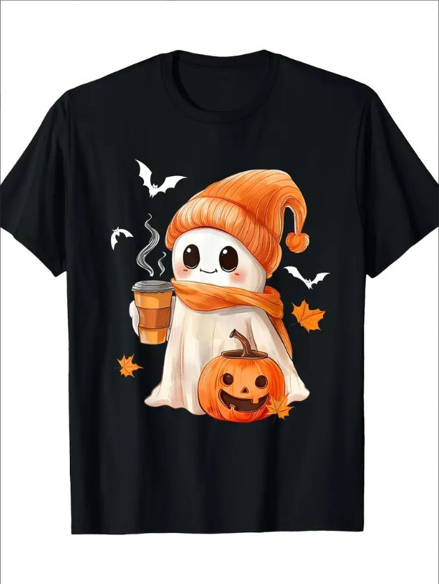Cute Ghost Drinking Coffee Halloween Iced Coffee T-Shirt | Fall Thanksgiving Tee for Women