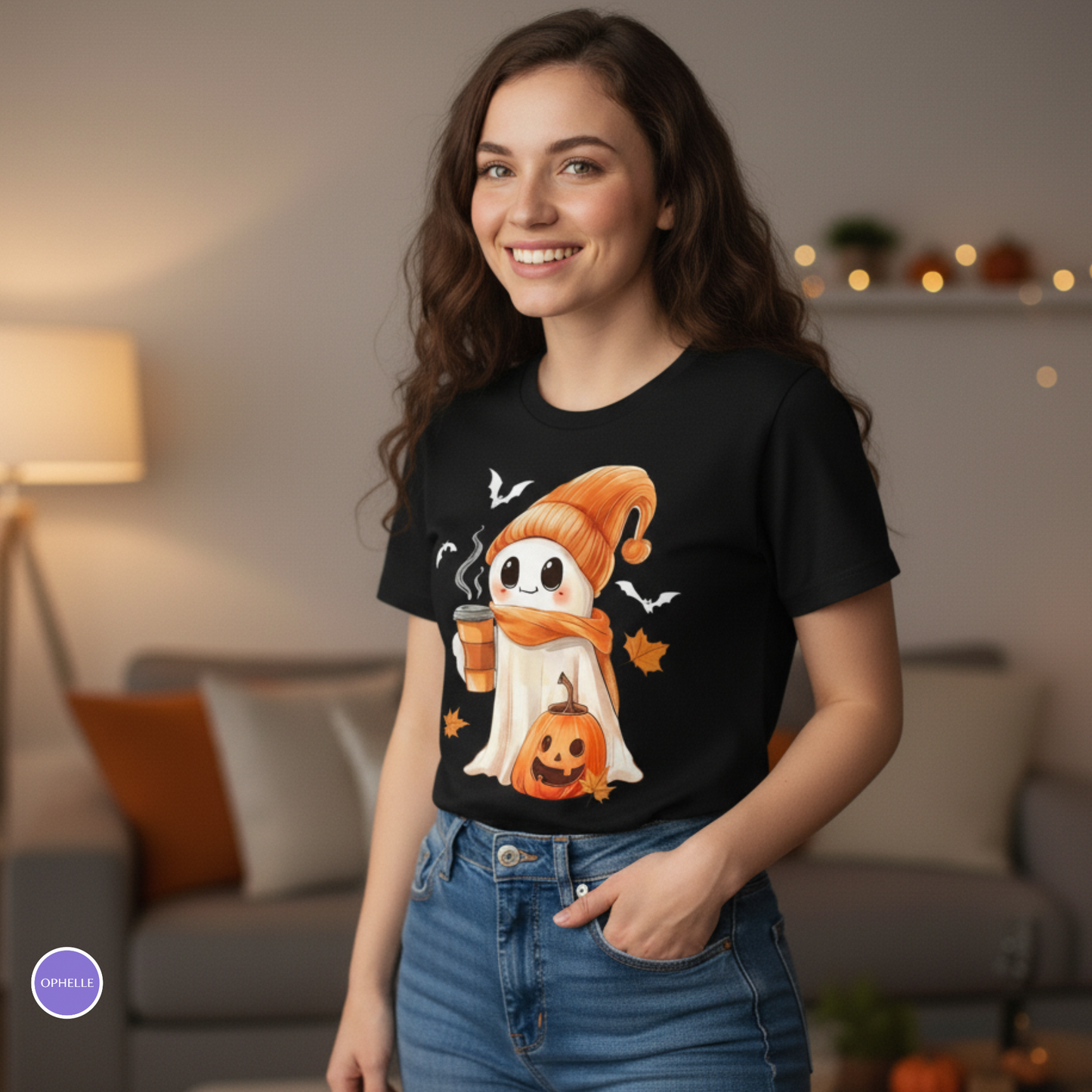 Cute Ghost Drinking Coffee Halloween Iced Coffee T-Shirt | Fall Thanksgiving Tee for Women